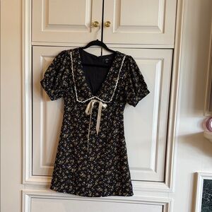 Floral Black Dress with Lace Trim